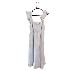 Blue and White Striped Cotton Ruffle Dress Large 12-14